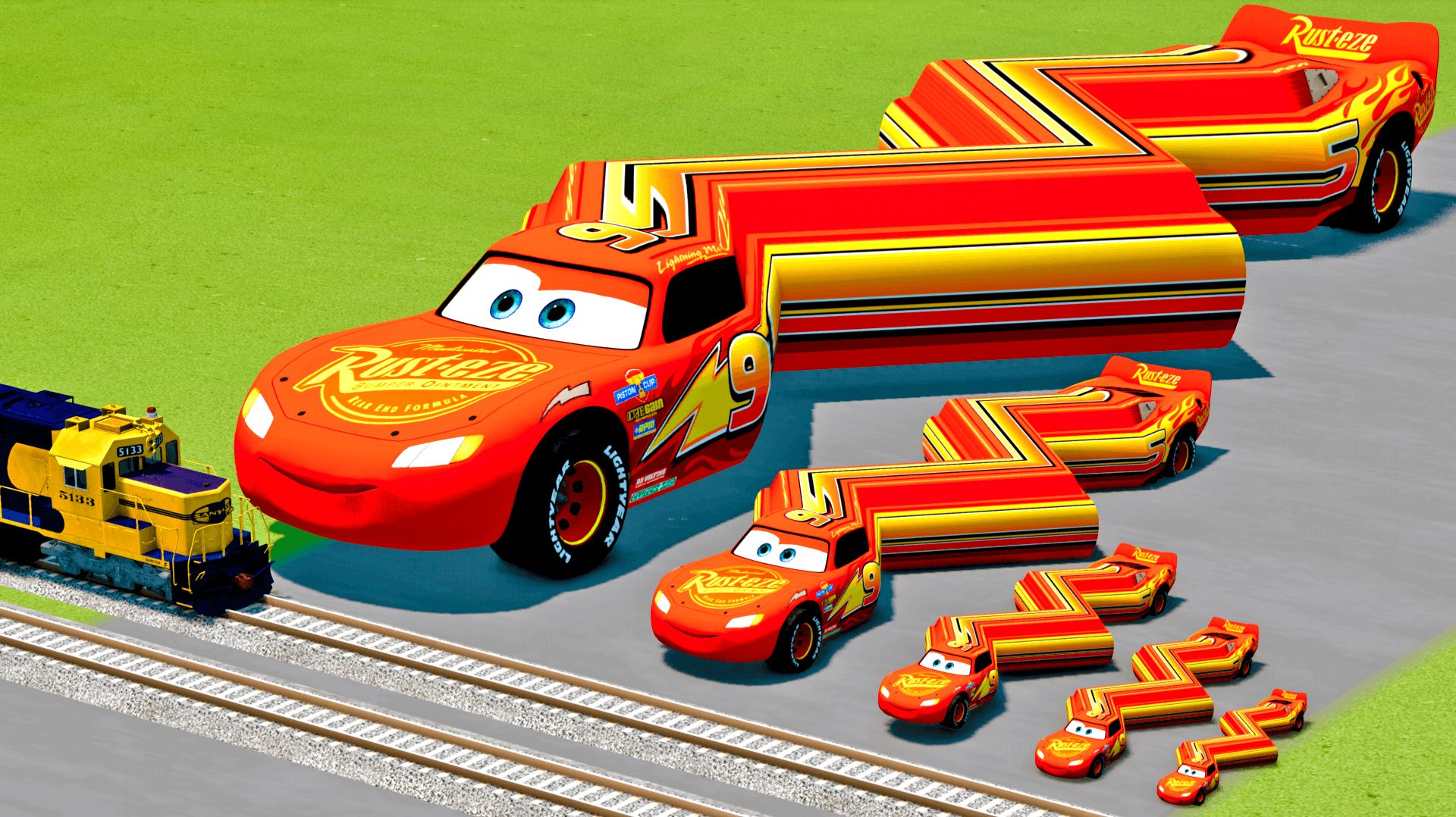 Большие и маленькие Молнии Маквины против спуска и паровозика! смотреть онлайн