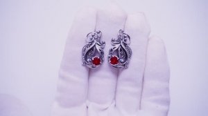 Серьги Цветок скань рубин посеребрение 2094