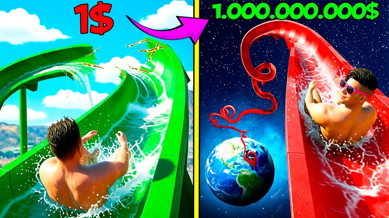 ЭКСТРЕМАЛЬНЫЙ СПУСК СО СКОЛЬЗКОЙ ГОРКИ в АКВАПАРКЕ ЗА 1$ и 100.000.000$ в ГТА 5! ВИДЕО GTA 5 ОНЛАЙН смотреть онлайн