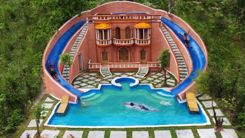 Строим современную виллу с парком водных горок и бассейном при помощи ручного инструмента. смотреть онлайн