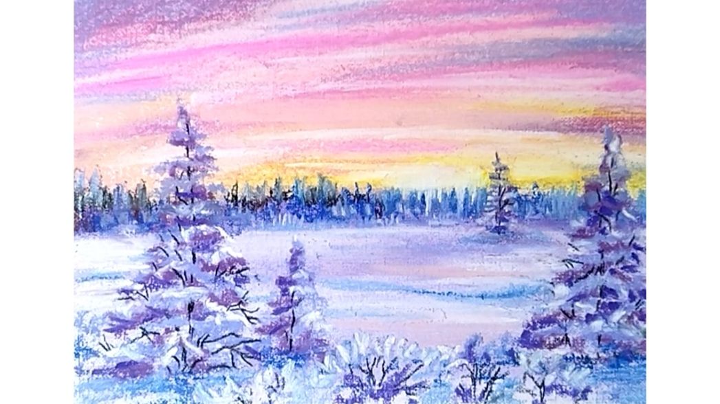 Зимний пейзаж в сиреневых оттенках. Рисунок сухой пастелью. смотреть онлайн