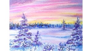Зимний пейзаж в сиреневых оттенках. Рисунок сухой пастелью.