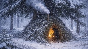 Бушкрафт в снежный шторм, строю укрытие из подручных материалов.