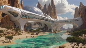 Атмосфера научно-фантастического аэропорта, летающих кораблей и космической станции.