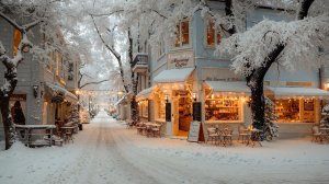 Уютная зимняя улица с кафе ❄️ Тёплый свет, снег и спокойная атмосфера