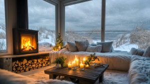 Зимний вечер у камина ❄️ Снег за панорамным окном и тихое тепло огня