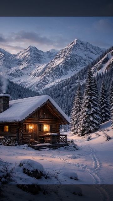 Зима. Домик в горах.