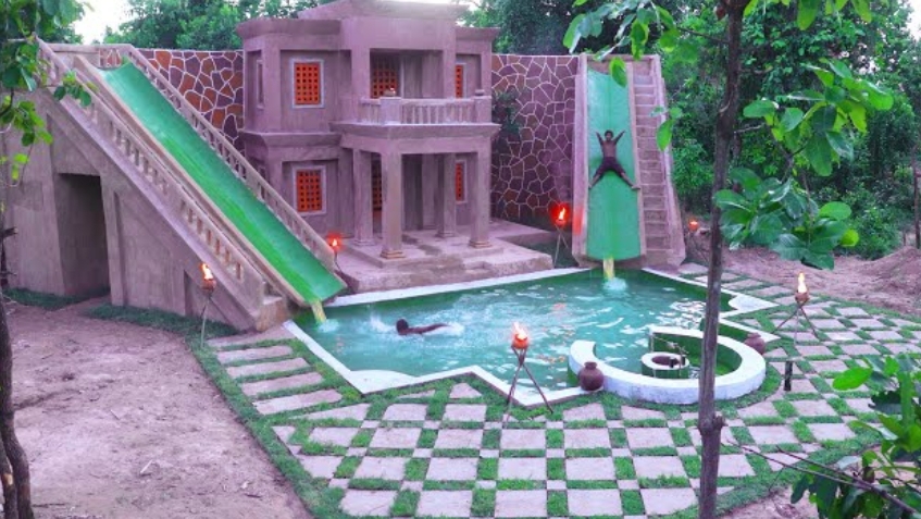 Креативный дом в лесу с водными горками и бассейном, сделаный примитивными методами. смотреть онлайн