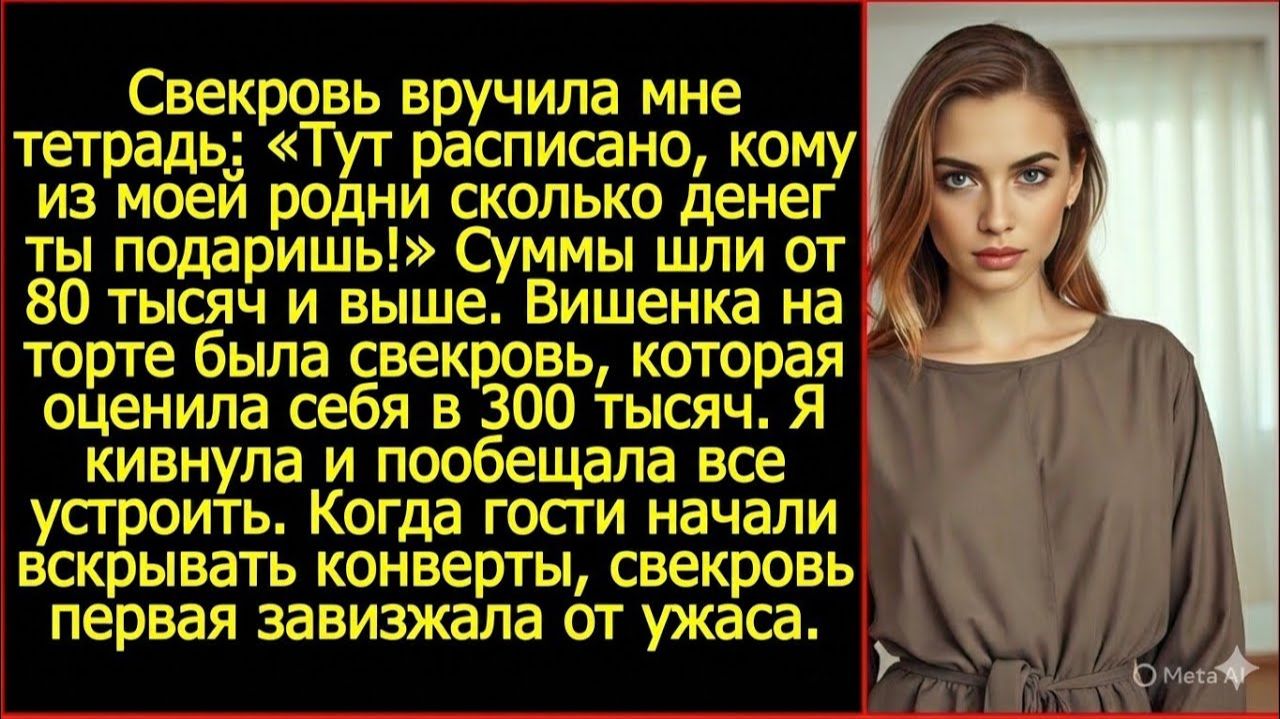Свекровь вручила мне тетрадь: «Тут расписано, кому из моей родни сколько денег ты подаришь!»