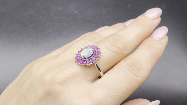 Кольцо с эфиопским опалом и рубинами Серебро 925 пробы ОПА140 смотреть онлайн