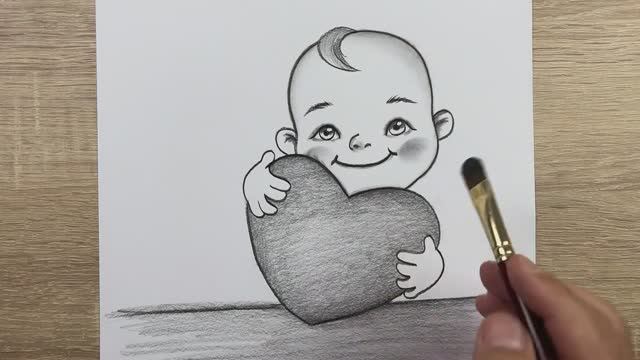 Как нарисовать рисунок милого ребёнка держащего сердце - простым карандашом смотреть онлайн