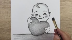 Как нарисовать рисунок милого ребёнка держащего сердце - простым карандашом