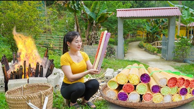 Готовлю разноцветный клейкий рис в бамбуковых трубочках и продаю на рынке. Нхат. Вьетнам смотреть онлайн