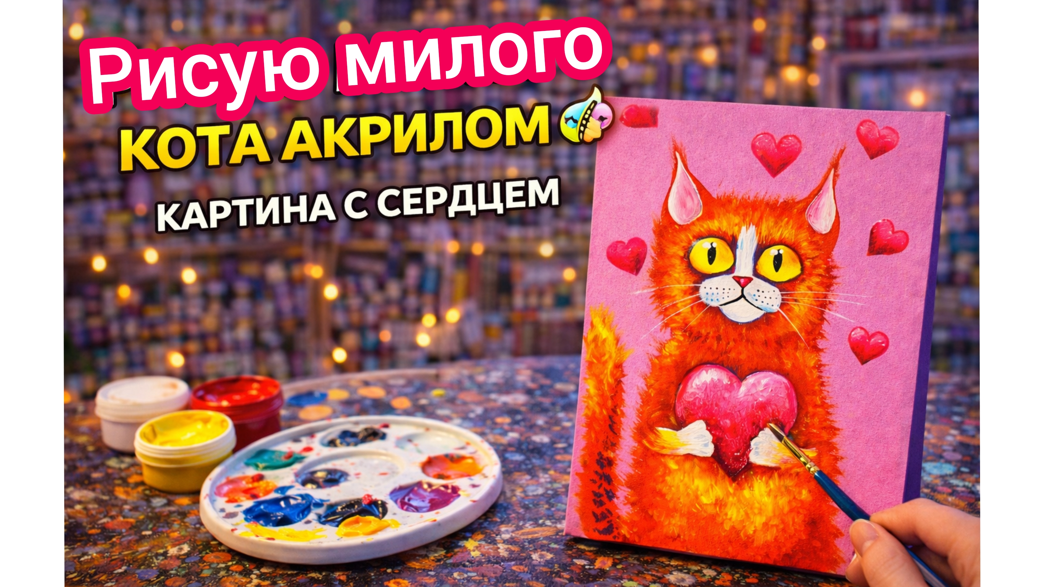 Рисунок кота с сердцем акриловыми красками 💗💗💗 смотреть онлайн