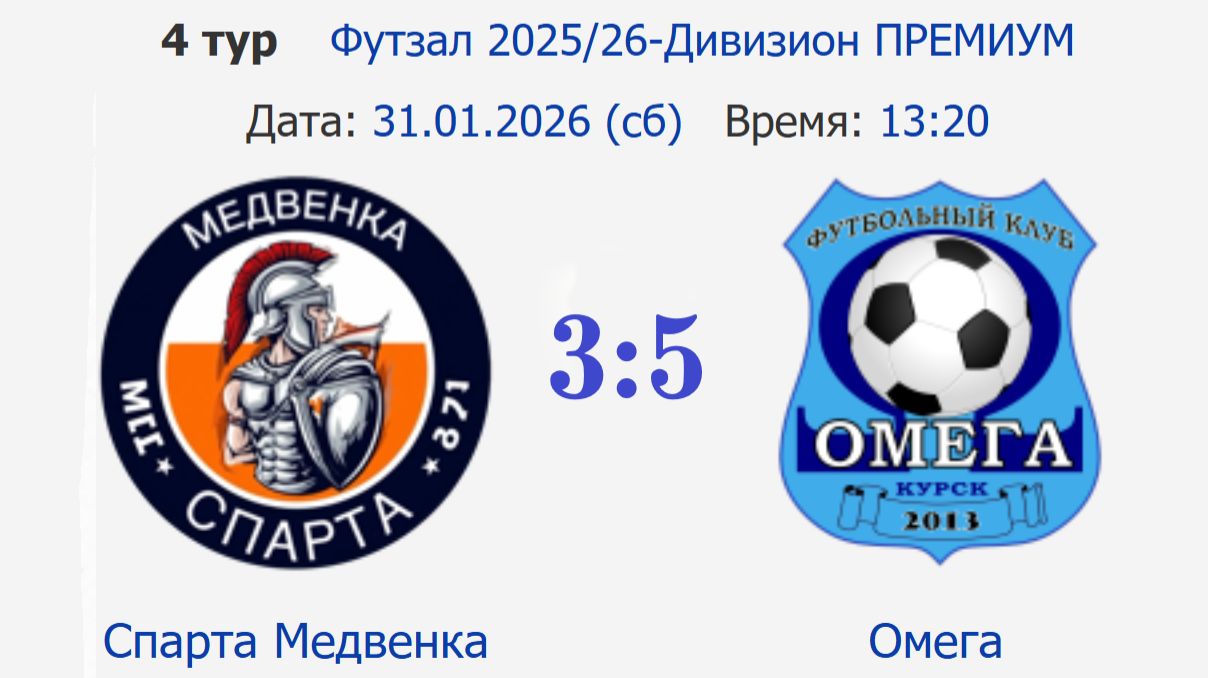 Спарта Медвенка - Омега 1 тайм (3-5) смотреть онлайн