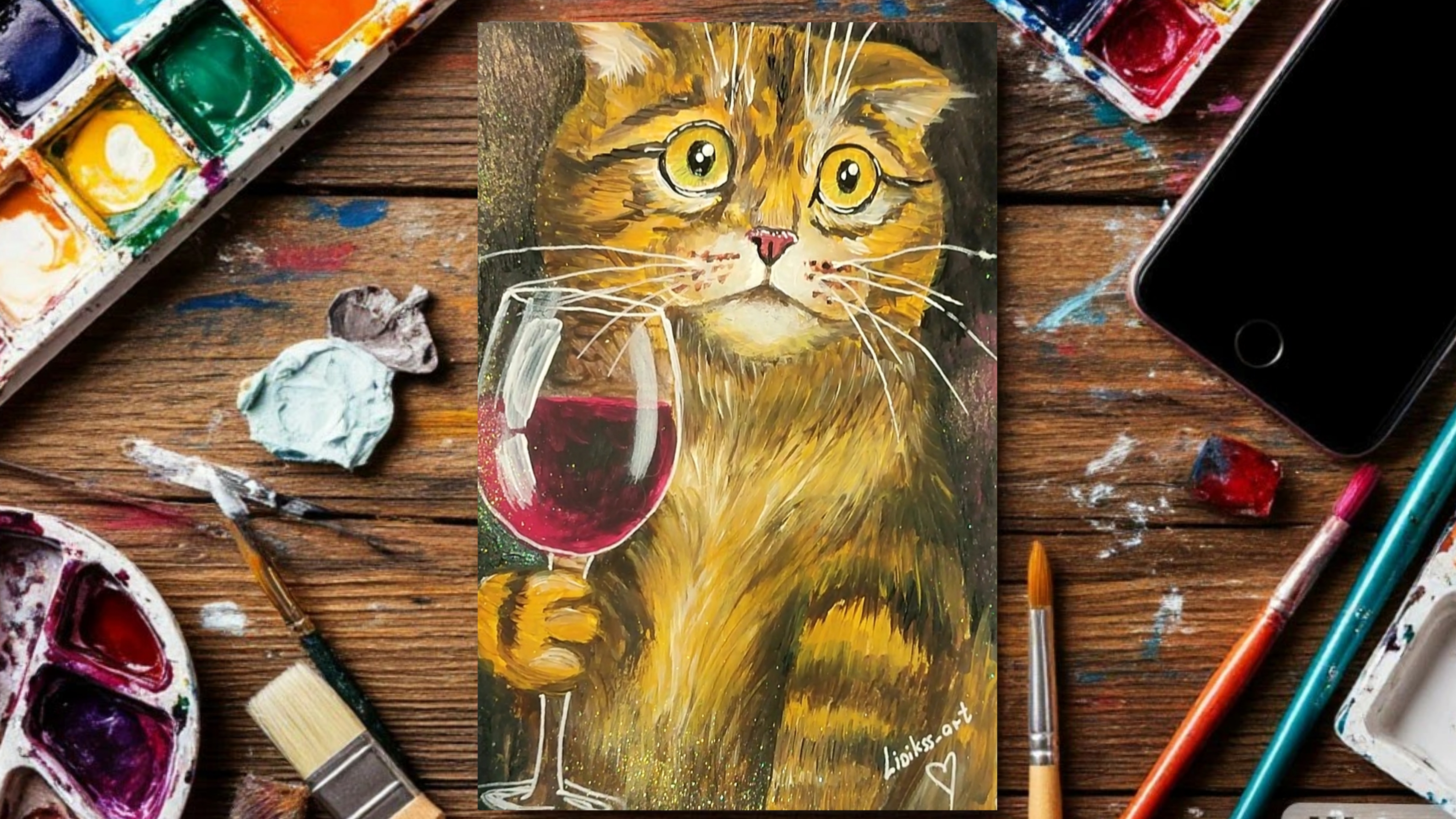 Кот с вином: создаю уникальную открытку акриловыми красками — смотрите процесс 🎨🙀 смотреть онлайн