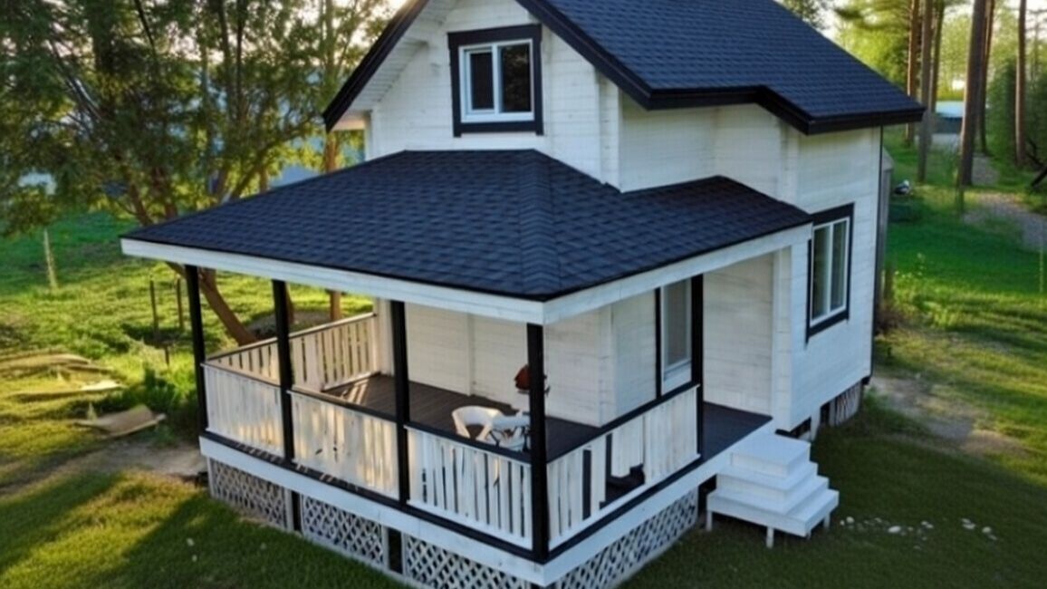 Дом 6×6 из двойного бруса с мансардой и Г-образной крытой террасой Дом 6×6 из двойного бруса с мансардой и Г-образной крытой террасой