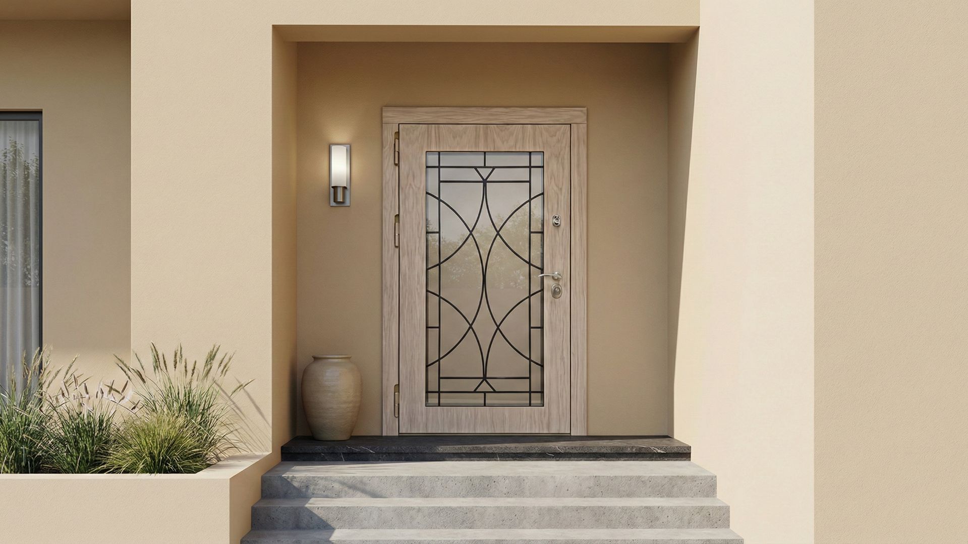 Входная дверь в коттедж с большим стеклом и декоративной решеткой- выбираем правильные двери в дом