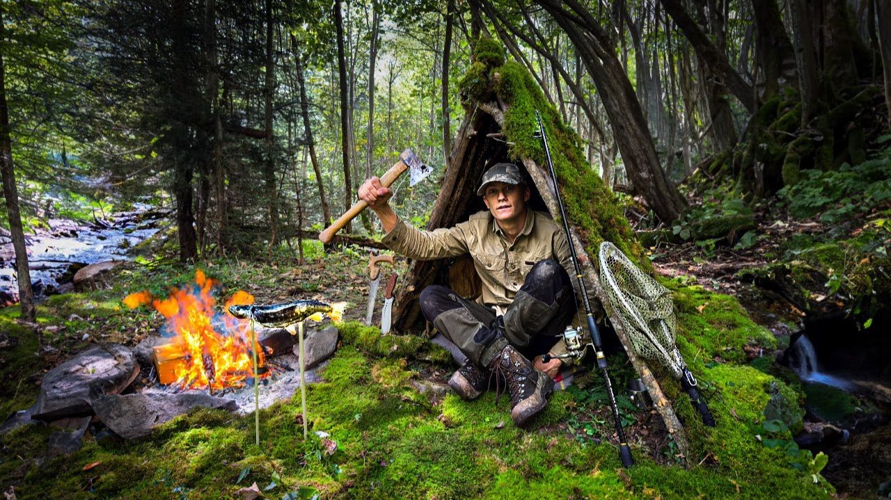 ОДИНОЧНОЕ-ВЫЖИВАНИЕ | ЛОВЛЯ И ПРИГОТОВЛЕНИЕ дикой горной ФОРЕЛИ в моем убежище для выживания! смотреть онлайн