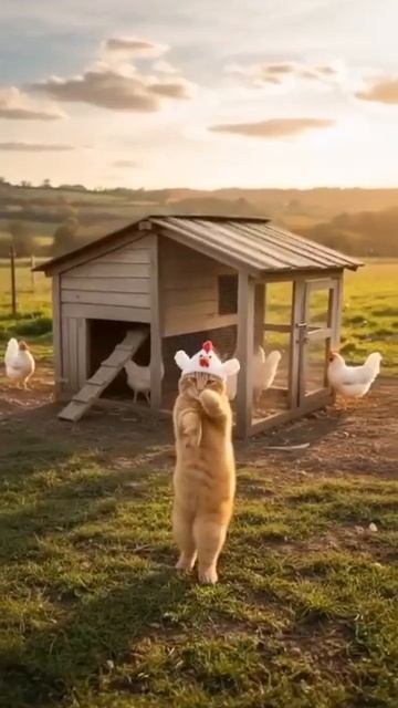 кот танцует возле куриц 🐔