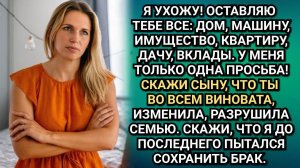 Все оставлю тебе, только напиши нашему сыну, что это ты изменила! Потребовал муж уходя от нее.