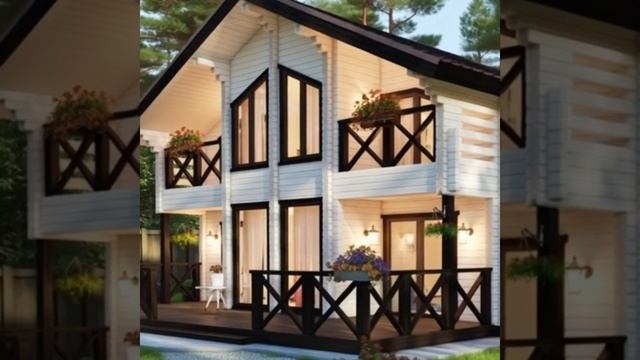 Двухэтажный дом из двойного бруса с террасой и балконами Двухэтажный дом из двойного бруса с террасой и балконами