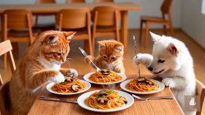 😹Мама кошечка со своим маленьким сыночком вкусно кормят их ушастого друга🔥