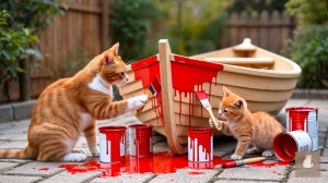 😹Мама кошечка со своим маленьким котёночком красит лодку в красный цвет🔥