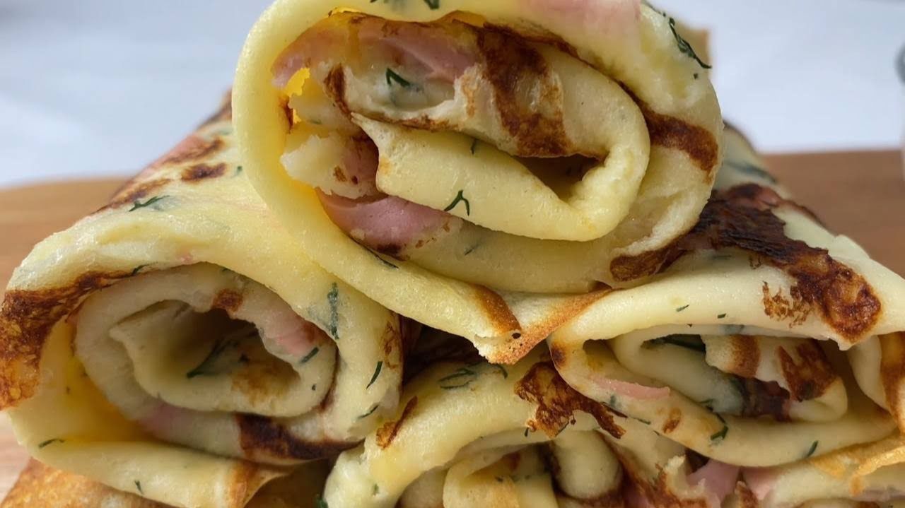 Блинчики с укропом, сыром и колбасой! Вкусный завтрак!