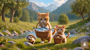 😹Мама кошечка со своим маленьким котёночком и их колючим другом наловили вкусной рыбы🔥