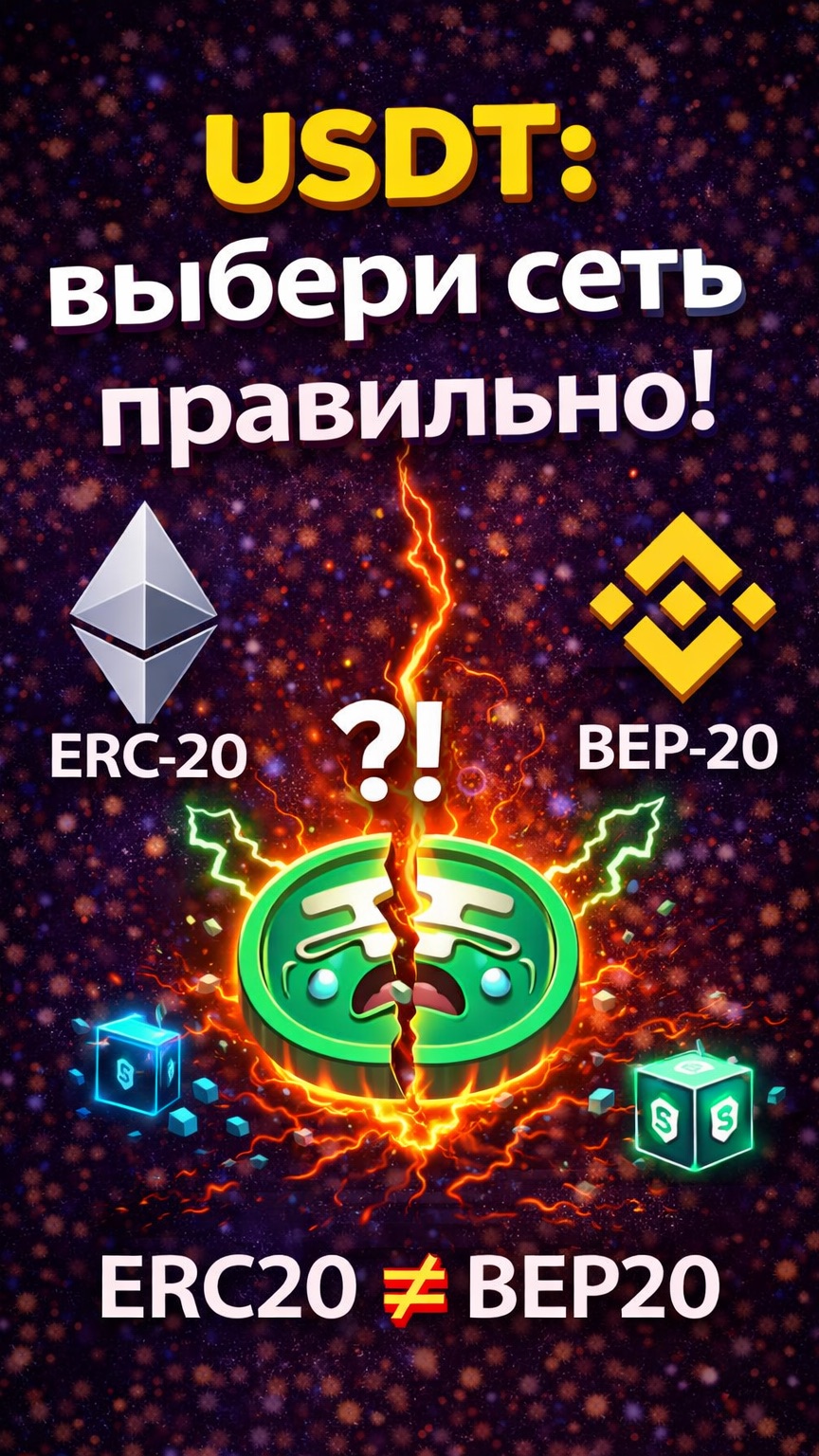 Как выбрать сеть для перевода USDT? (ERC20, BEP20, TRC20)