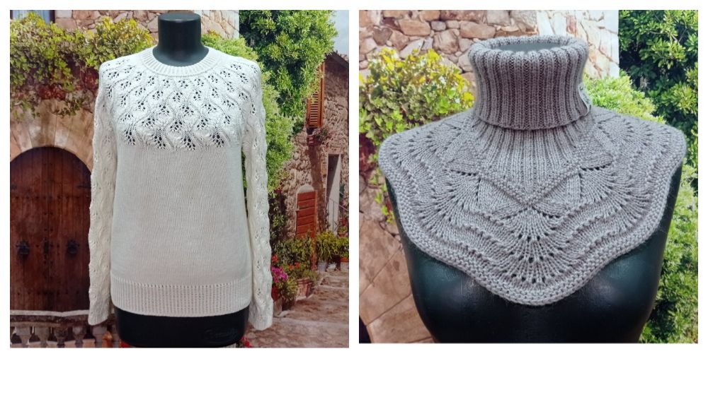 Вторая готовая работа кофточка «Ветка Сакуры» из хлопковой пряжи и манишка спицами. смотреть онлайн