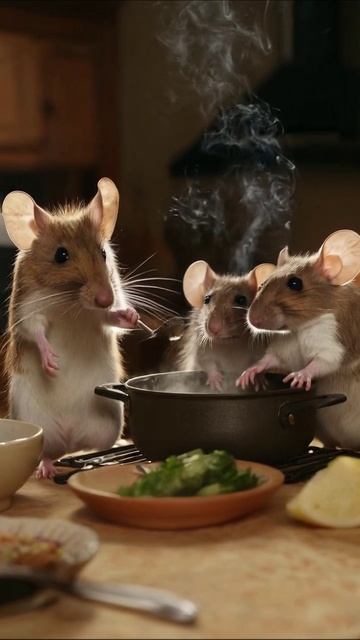 Kулинарные приключения мышат: готовим вместе! #мыши #еда #приключения