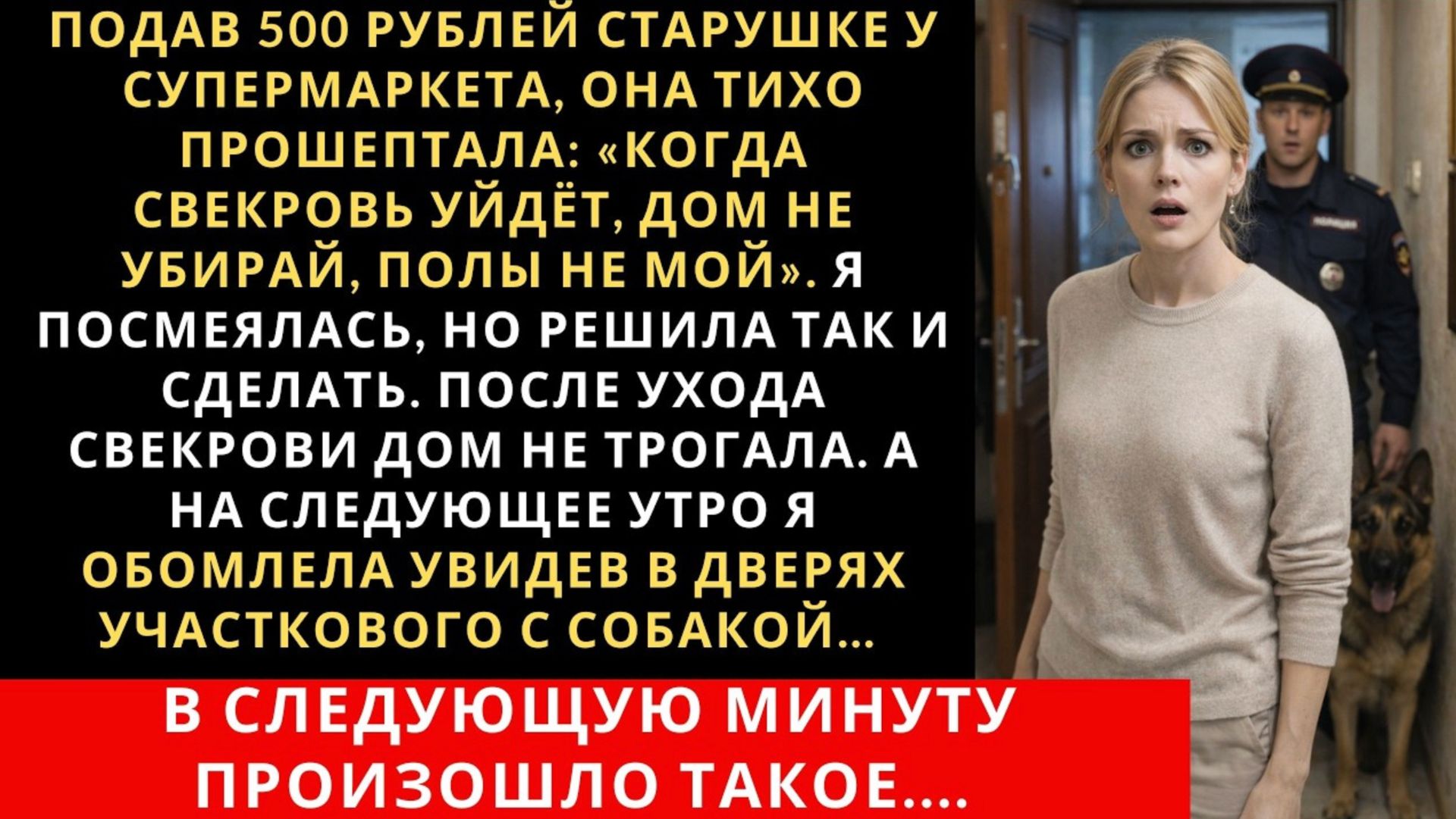 Подав 500 рублей старушке у супермаркета, она тихо прошептала: «Когда свекровь уйдёт, полы не мой» смотреть онлайн