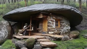 Человек строит скрытый дом в джунглях.