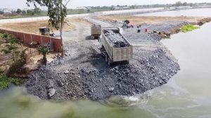 Many 25T Dump Trucks Try To Loading Stones Filling a Big Lake With Shantui Bulldozer
