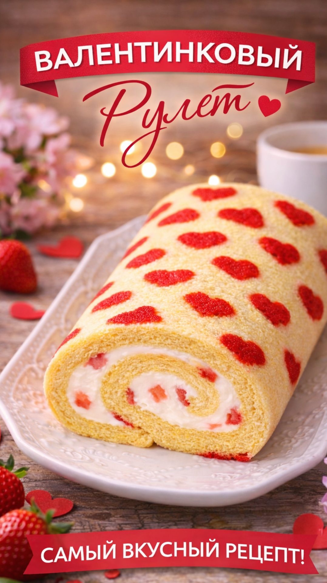 Валентиновский рулет с сердечками | Нежный бисквит с кремом и ягодами смотреть онлайн