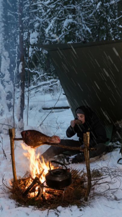2 Дня #bushcraft выживание в зимнем лесу в -17 без палатки, без спичек: примитивная кухня #shorts
