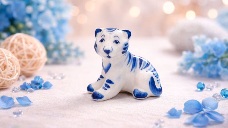 Скульптура «Тигренок Полосатик», гжельский фарфор