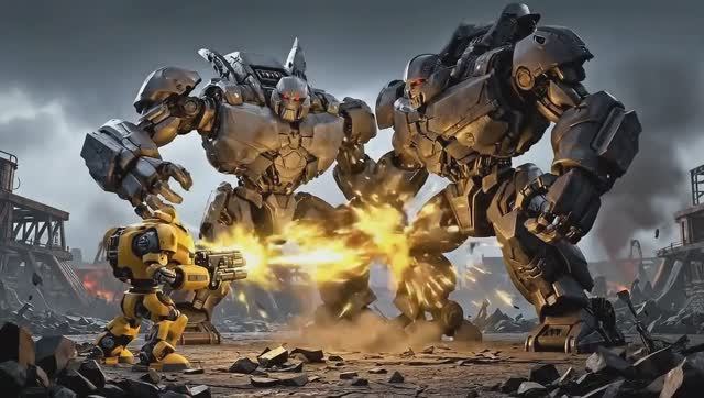 робот против трансформера красного и желтого маквина тачки машинки мультик про синий красный трактор