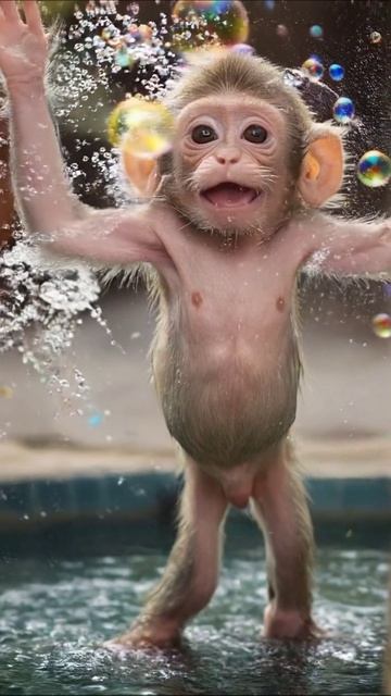 Веселая обезьянка играет с пузырями #обезьянка #веселье #пузырьки