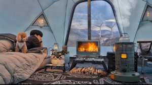 Снежный кемпинг в горах с моей собачкой. Тёплая палатка.