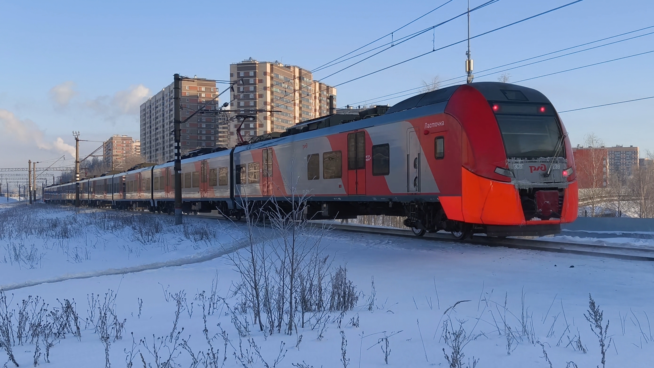 ЭС2Г 239 «Ласточка» сообщением Санкт-Петербург — Сосново, отправляется от ст. Девяткино