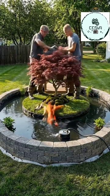 ДАЧНЫЙ ПРУД С ДЕРЕВОМ И ЖИВЫМИ РЫБКАМИ