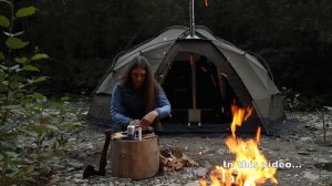 Одиночный кемпинг, рыбалка и приготлвление, тёплая палатка и костёр.