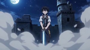 Аниме-сцена: юный герой держит сияющий меч, вокруг него клубится энергия