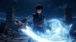 Аниме-сцена: юный герой держит сияющий меч, вокруг него клубится энергия