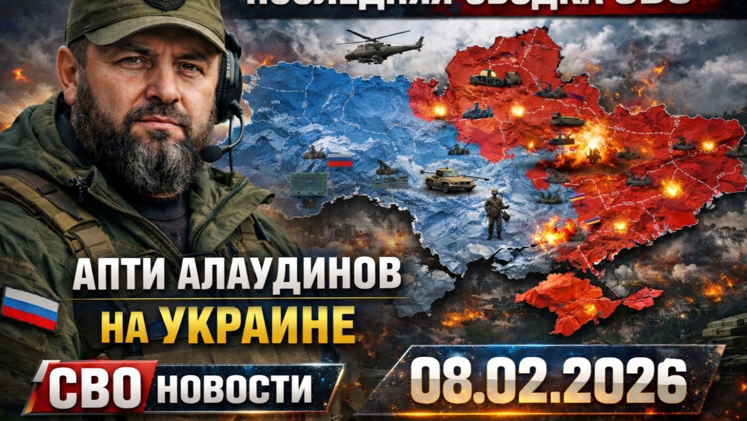 Последняя сводка СВО Апти Алаудинов на Украине 08.02.2026 СВО новости карта СВО, события смотреть онлайн