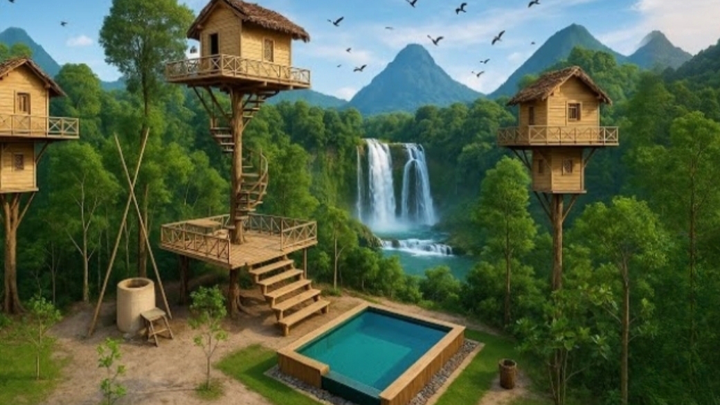 Строительство дома на дереве и бассейна в джунглях. смотреть онлайн