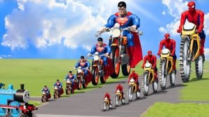 Большие и маленькие: Человек-паук на пилообразных колесах против Супермена на мотоцикле и паровозика